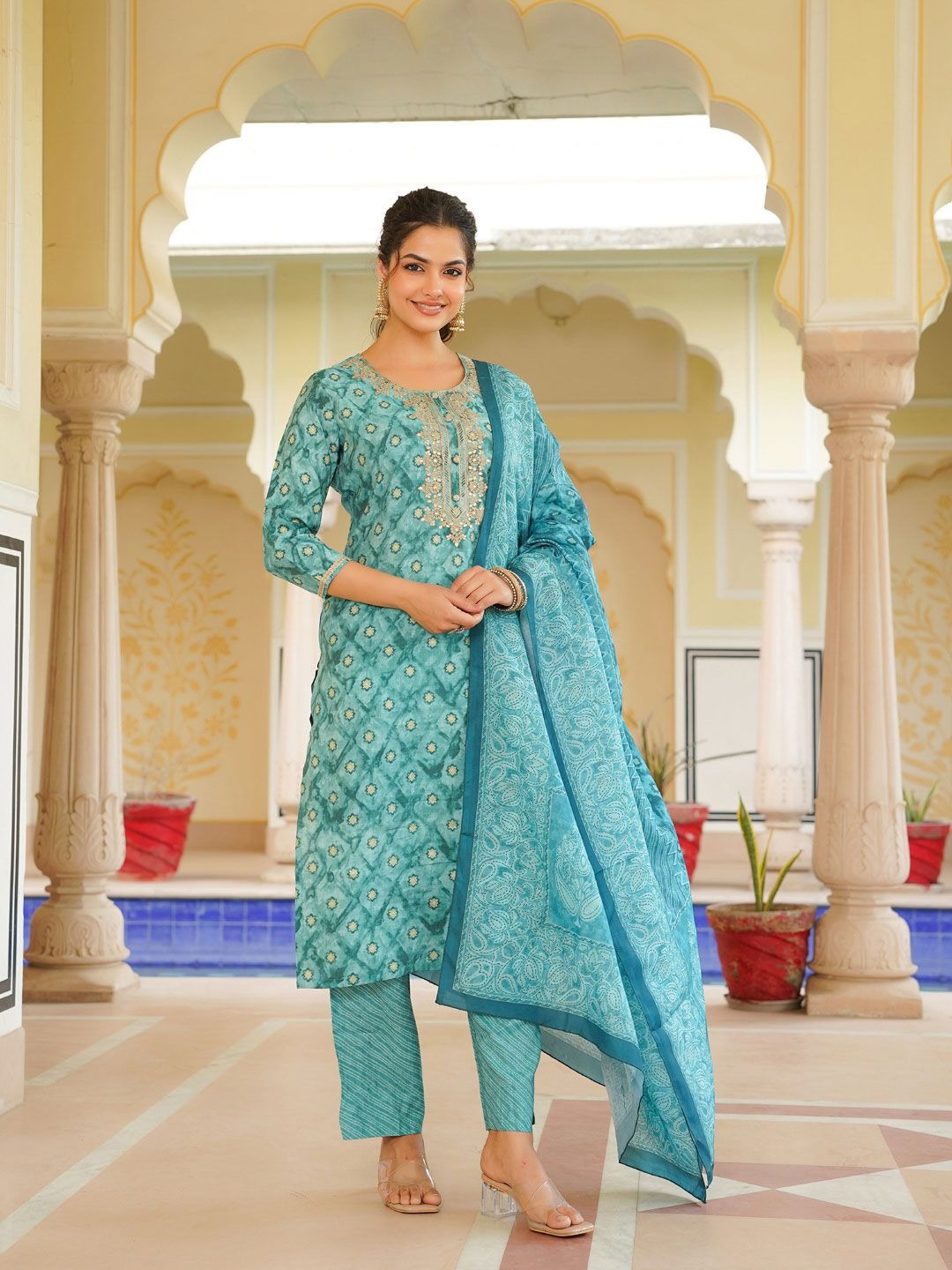 Sea Green Silk Blend Ombre Straight Kurta Trousers With Dupatta