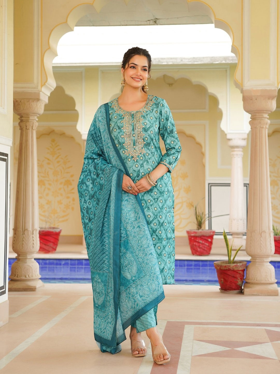 Sea Green Silk Blend Ombre Straight Kurta Trousers With Dupatta
