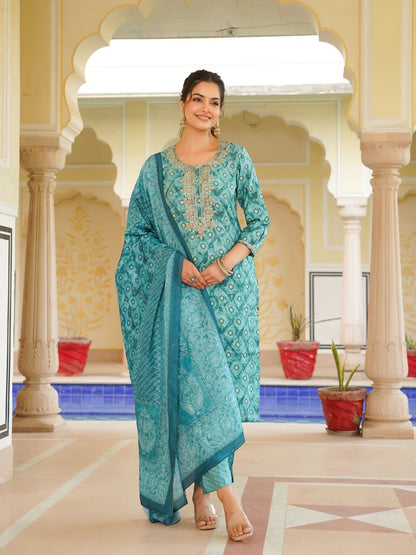 Sea Green Silk Blend Ombre Straight Kurta Trousers With Dupatta