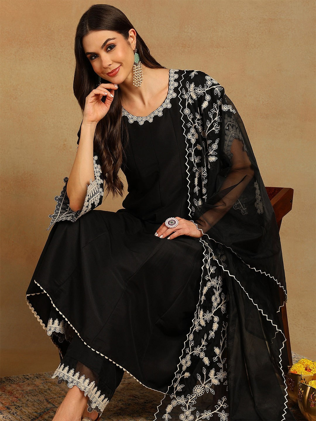 Designer Silk Blend Solid Embroidered Anarkali Suit Set