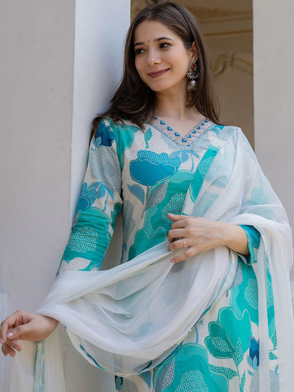 Blue & White Printed Rayon Kurta Pant with Dupatta, 3pc set