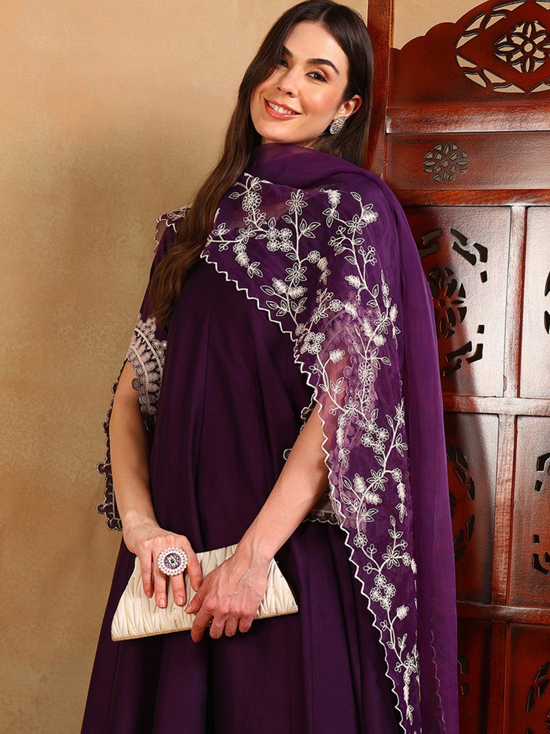 Designer Silk Blend Solid Embroidered Anarkali Suit Set