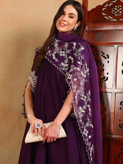Designer Silk Blend Solid Embroidered Anarkali Suit Set