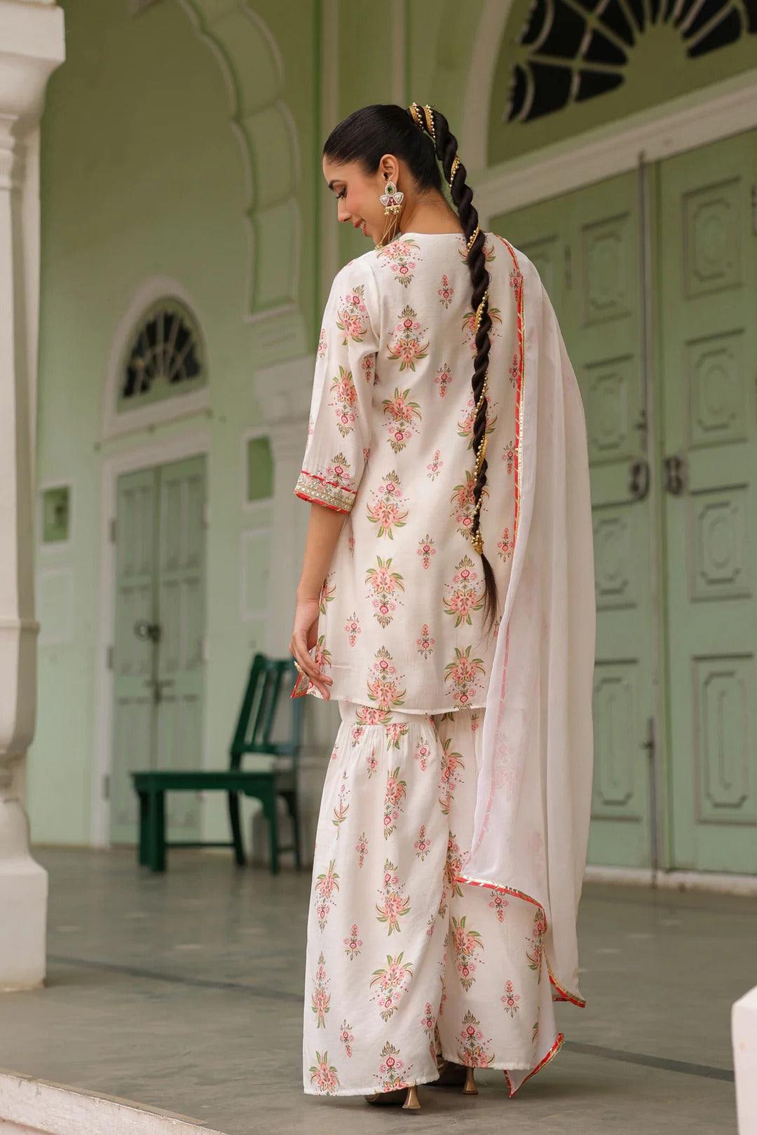 Ivory Chanderi Silk Floral Printed Sharara Set