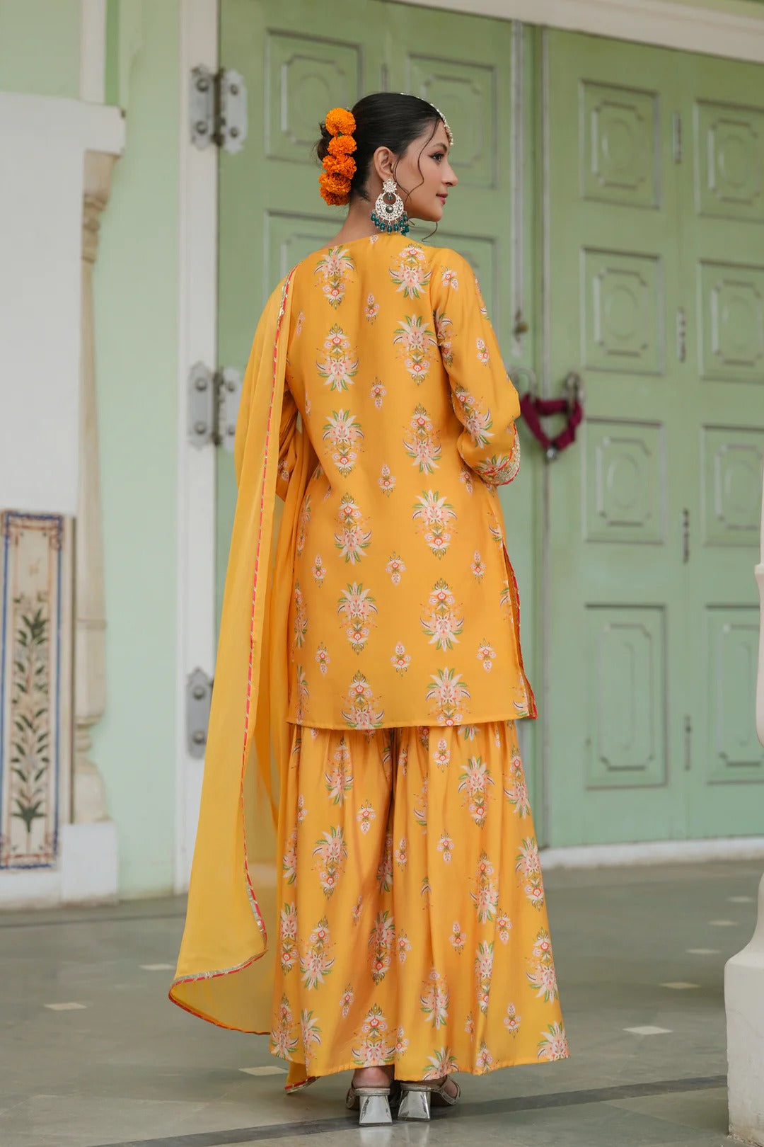 Mustard Chanderi Silk Floral Printed Sharara Set
