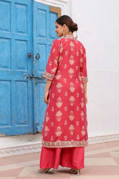 Coral Chanderi Silk Floral Printed Shrug Set