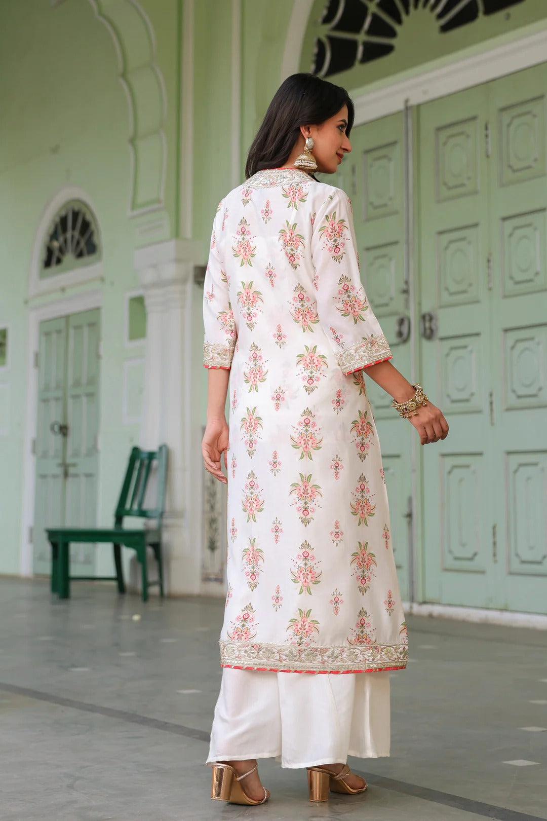 Ivory Chanderi Silk Floral Printed Shrug Set