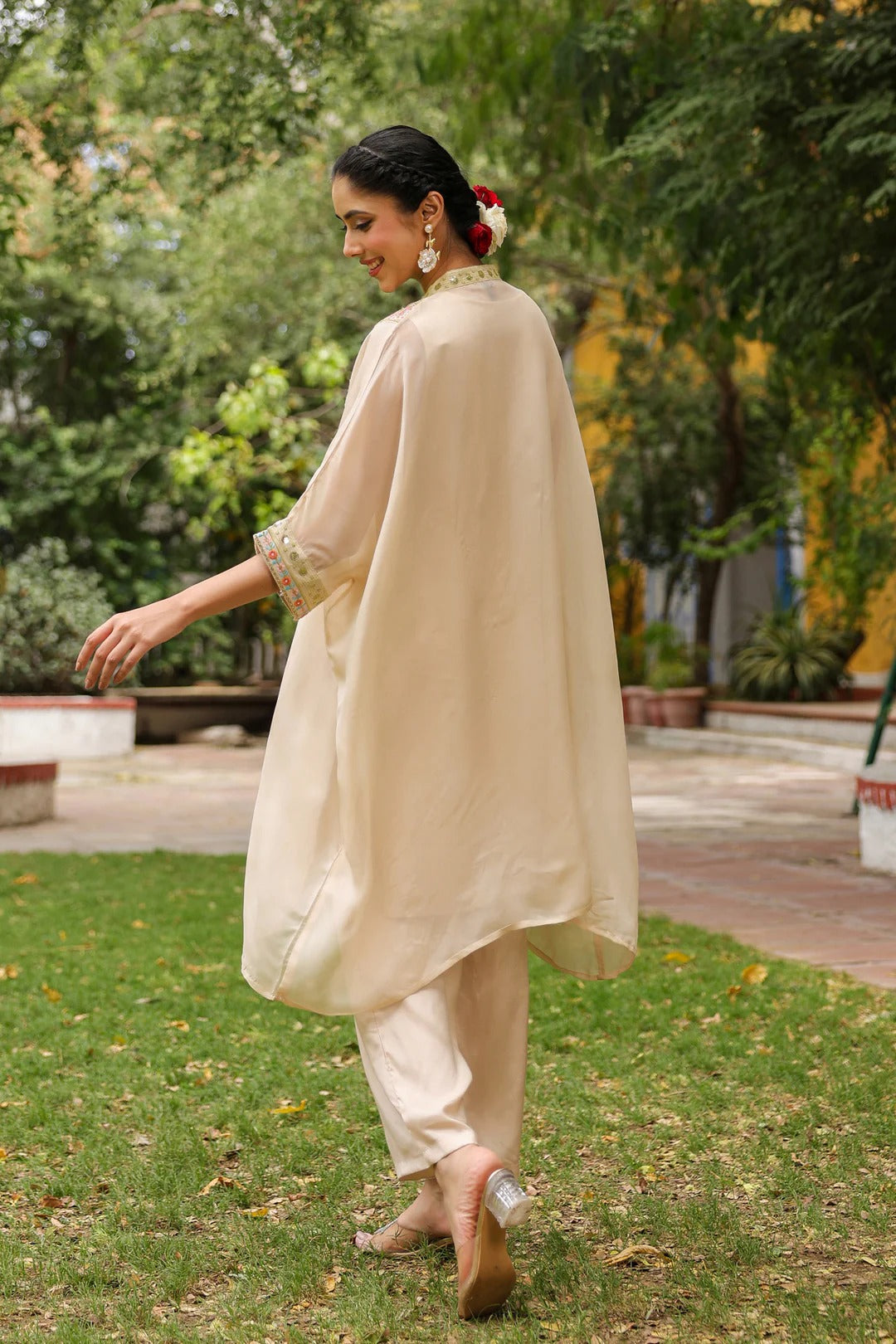 Beige Organza Silk Embroidered Kaftan Set