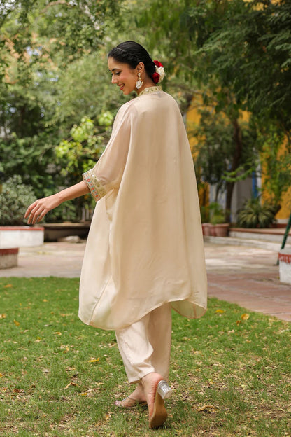 Beige Organza Silk Embroidered Kaftan Set