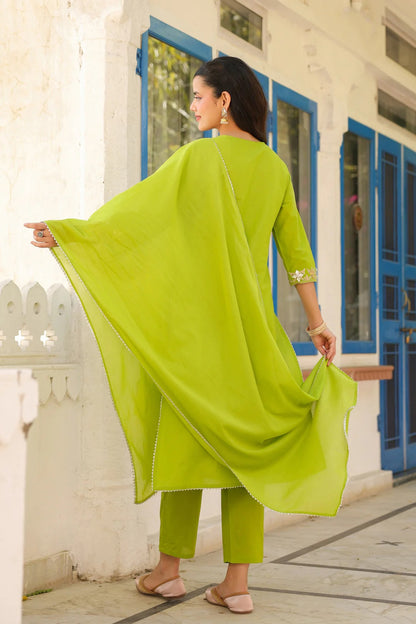 Green Cotton Cambric Gota Patti Embroidered Straight Suit Set