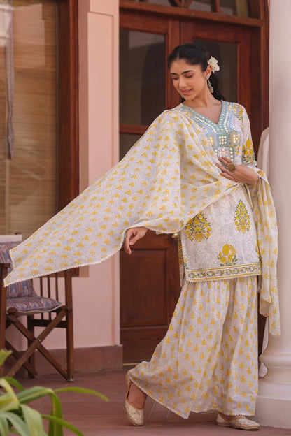 Yellow Cotton Cambric Block-Printed Embroidered Sharara Set