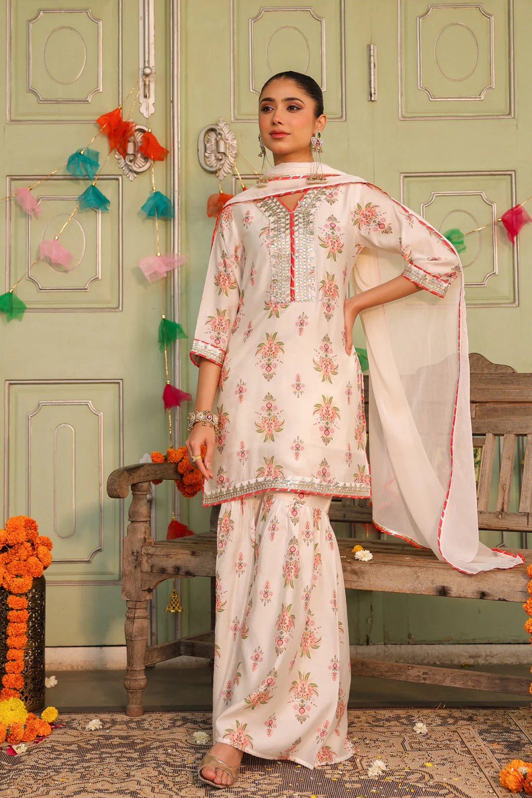 Ivory Chanderi Silk Floral Printed Sharara Set