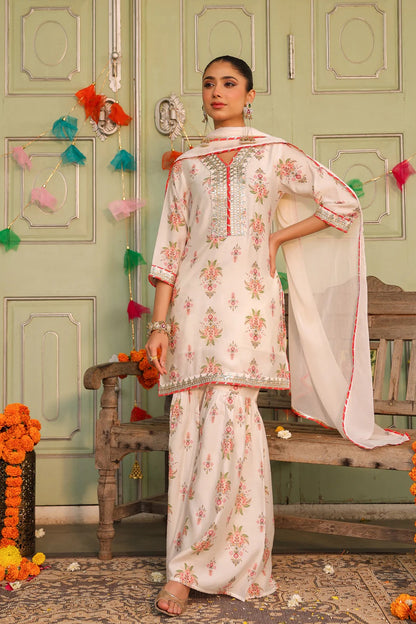 Ivory Chanderi Silk Floral Printed Sharara Set