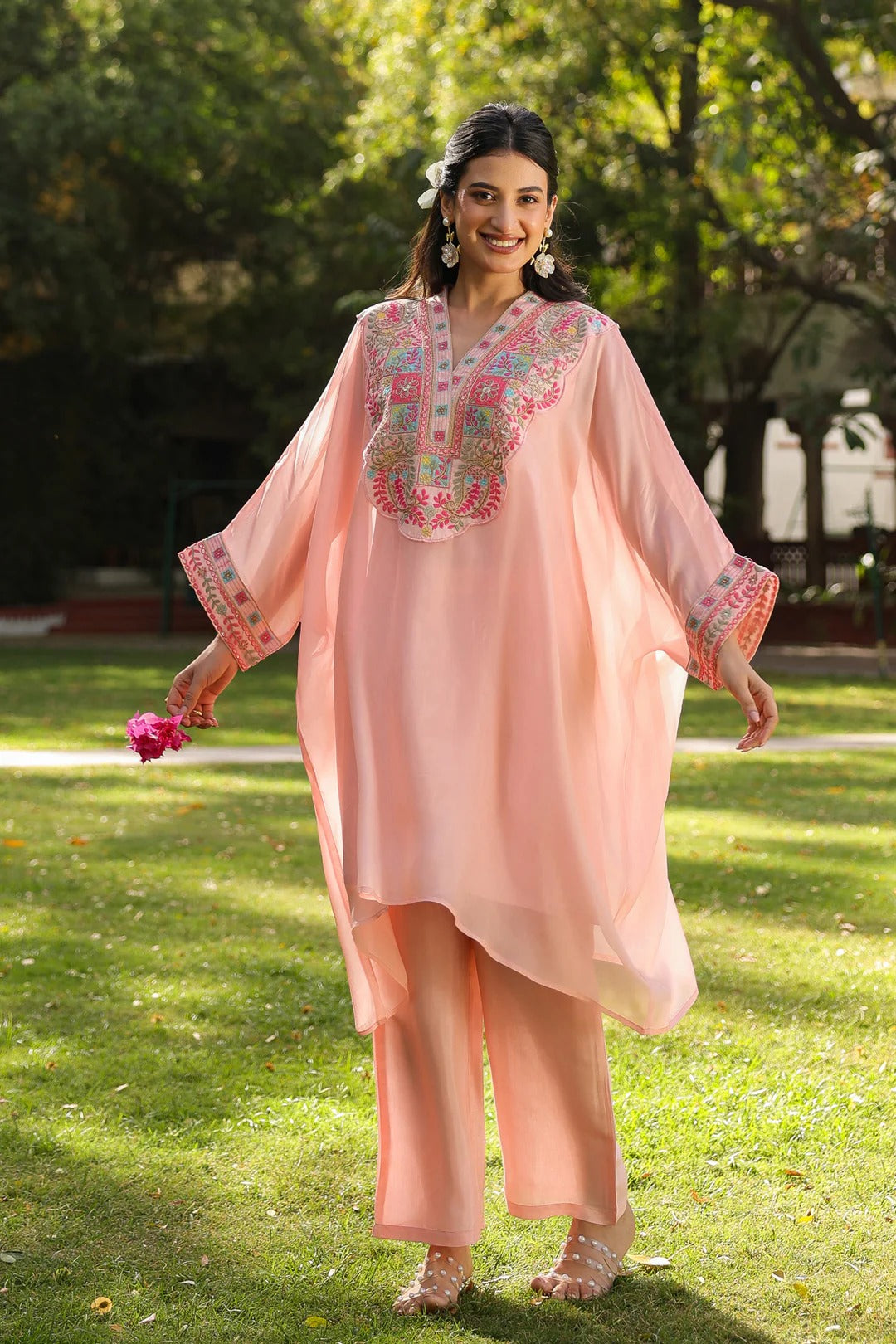 Peach' Organza Silk Embroidered Kaftan Set