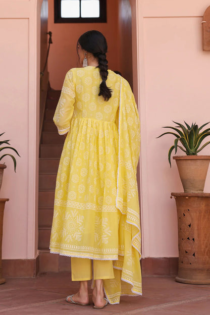 Yellow Cotton Mulmul Khari Printed Gathered Anarkali Set