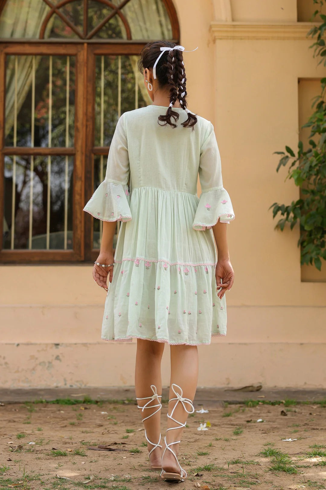Pistagreen Cotton Mulmul Embroidered Midi Dress
