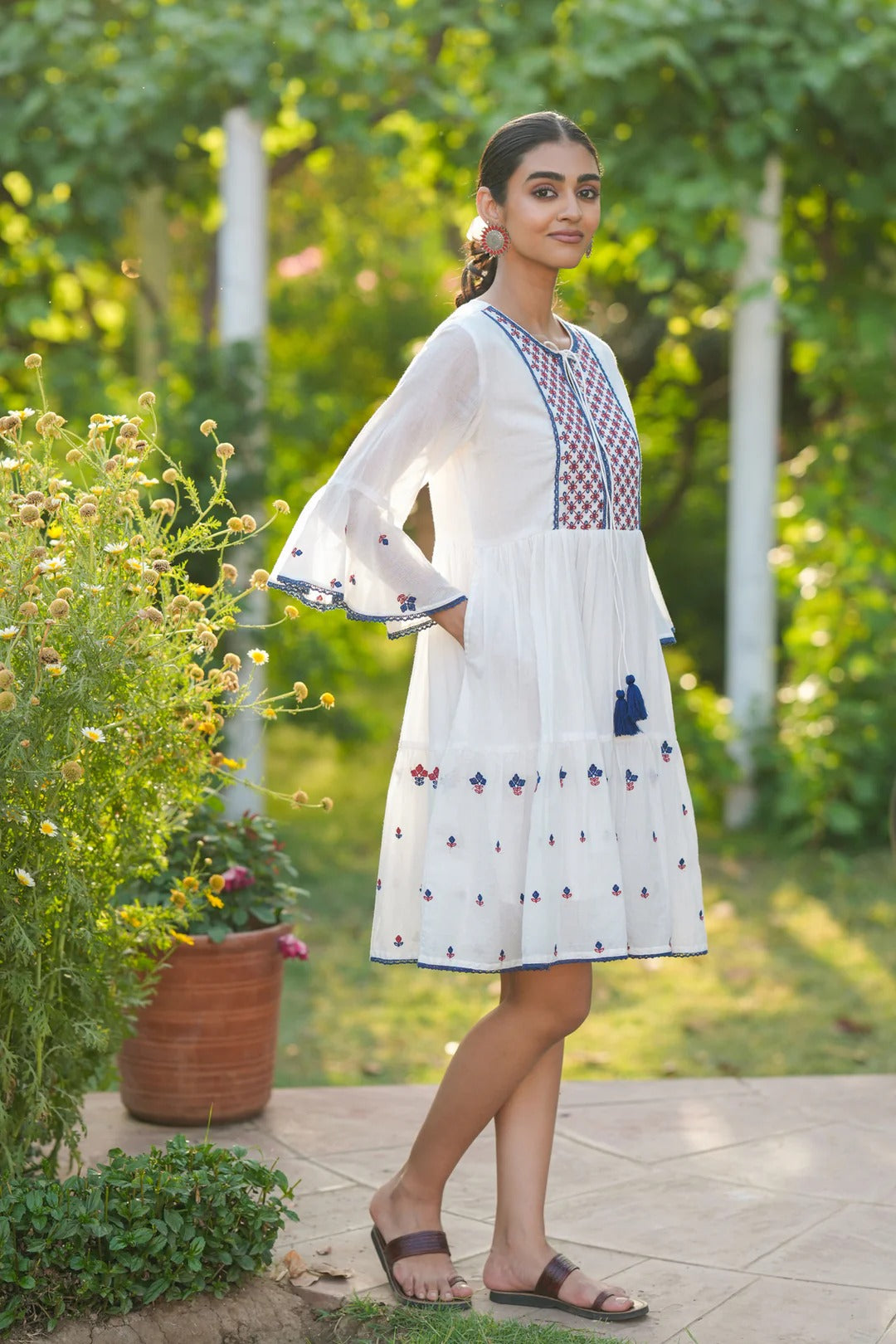 White Cotton Mulmul Embroidered Midi Dress