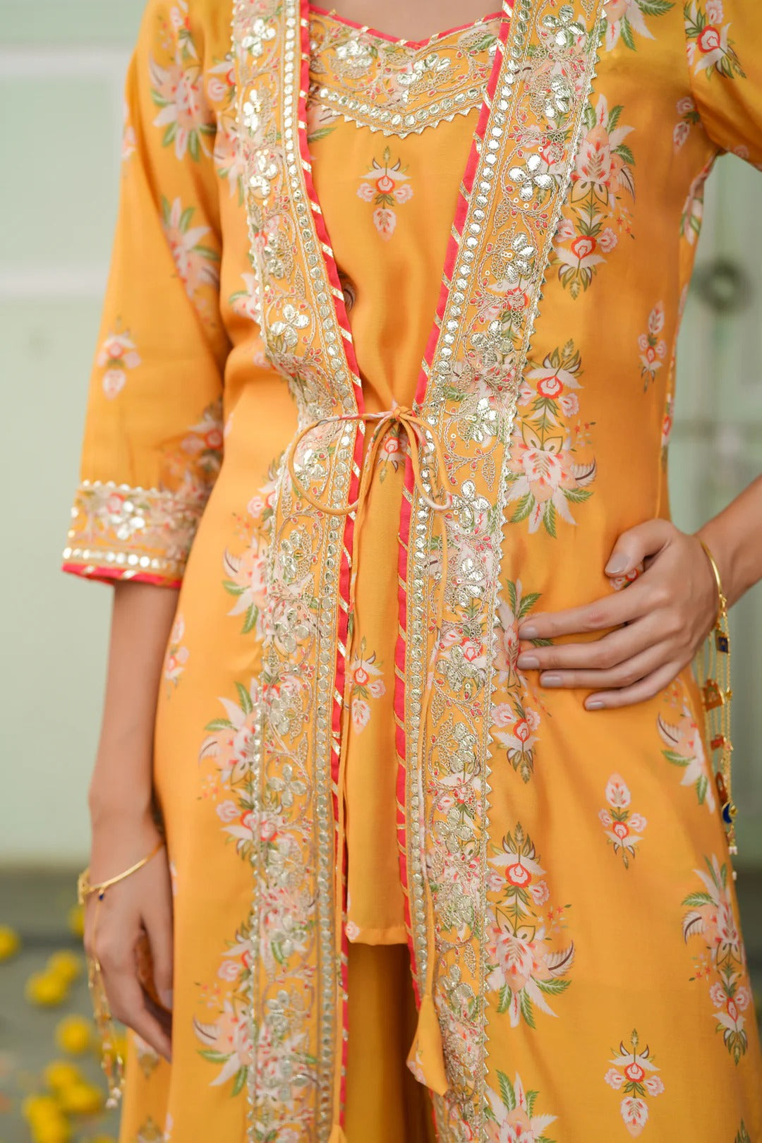 Mustard Chanderi Silk Floral Printed Shrug Set