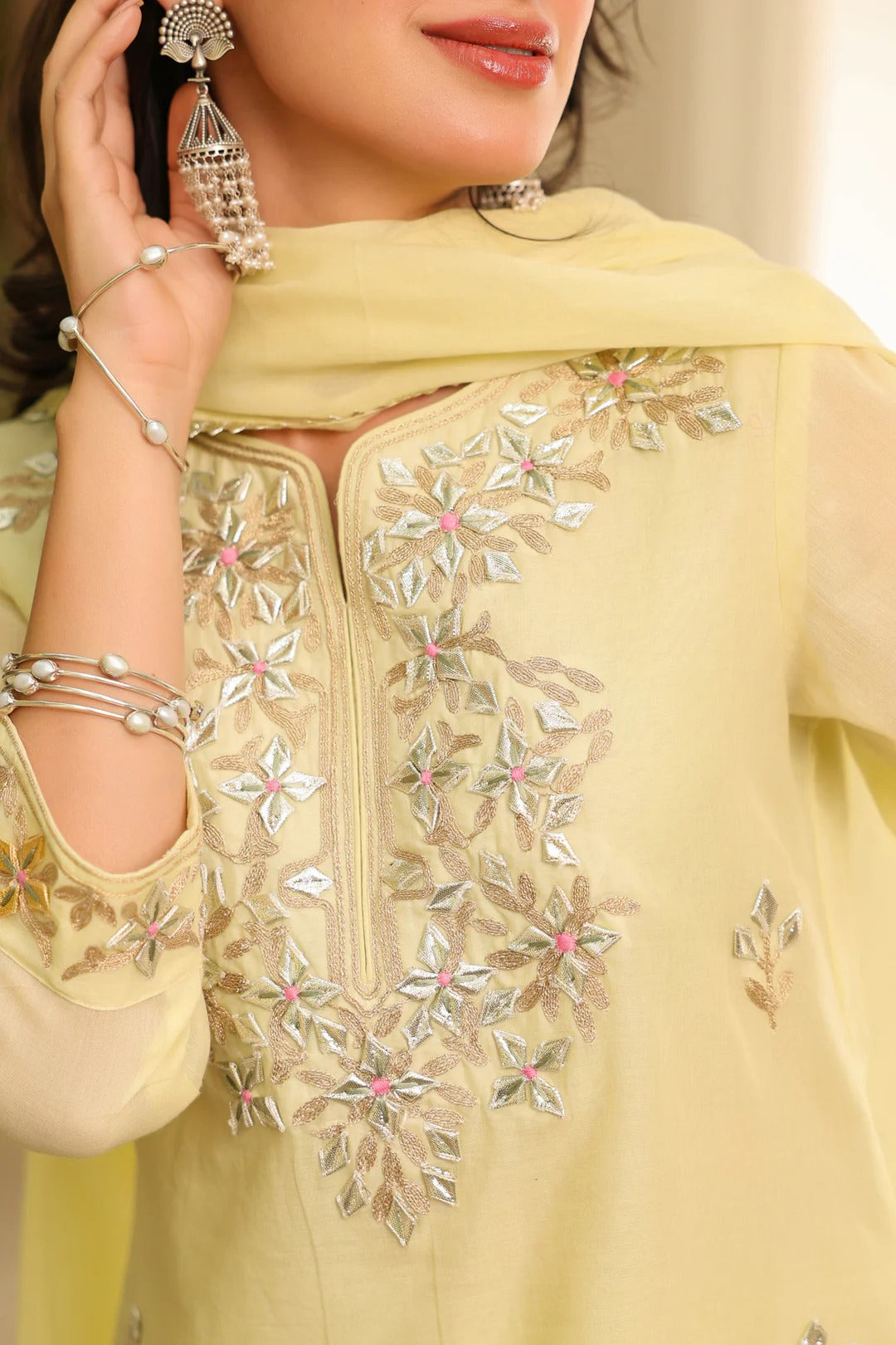 Lime green Mulmul Gota Patti Embroidered Sharara Set