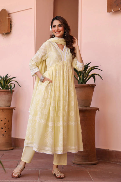 Lime Green Cotton Mulmul Khari Printed Gathered Anarkali Set