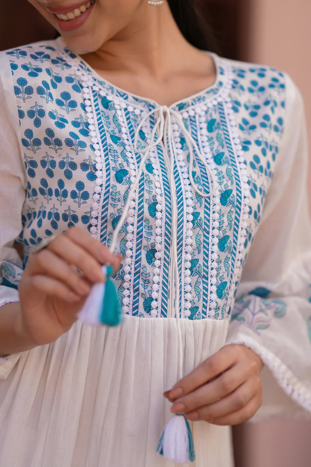 Teal Floral Cotton Block Printed Midi Tiered Dress