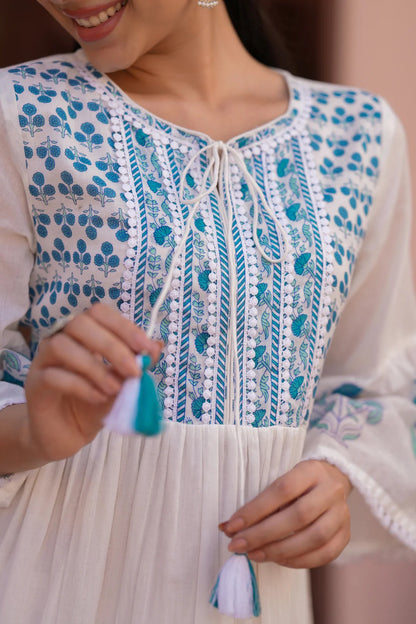 Teal Floral Cotton Block Printed Midi Tiered Dress
