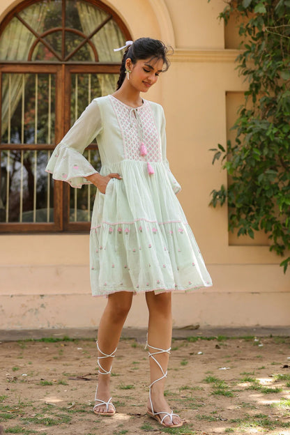 Pistagreen Cotton Mulmul Embroidered Midi Dress