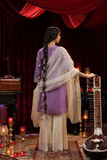 Purple-Ivory Shimmer Organza Dori-Gota Work Sharara Set