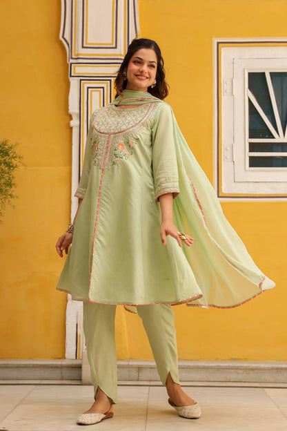 Pistagreen Chanderi Silk Zari Embroidered Anarkali Set