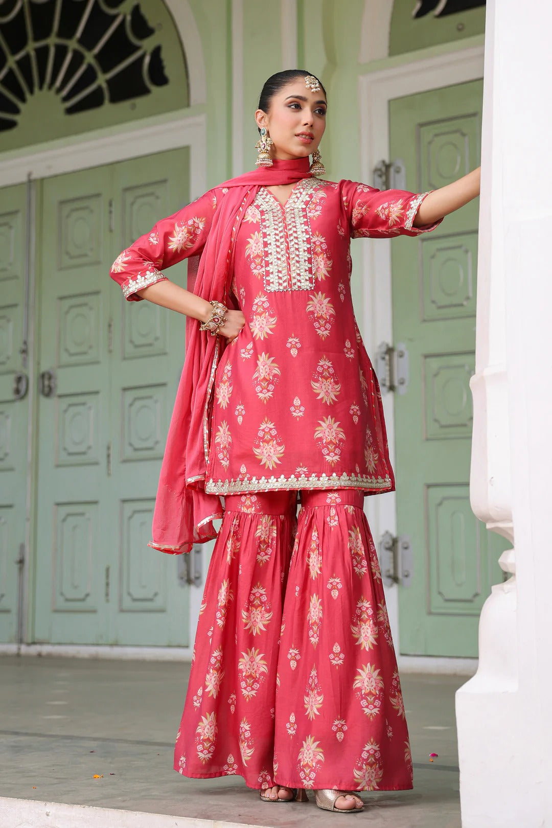 Coral Chanderi Silk Floral Printed Sharara Set