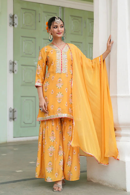 Mustard Chanderi Silk Floral Printed Sharara Set