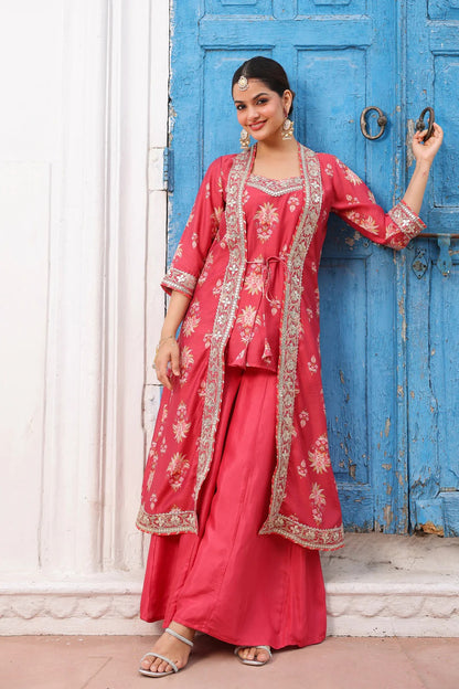 Coral Chanderi Silk Floral Printed Shrug Set