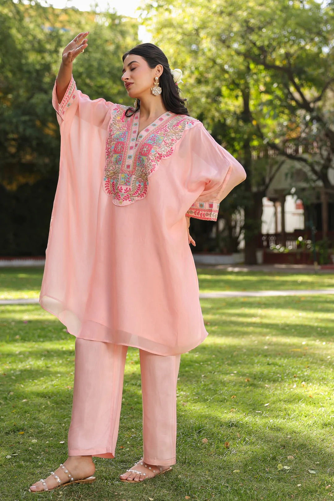 Peach' Organza Silk Embroidered Kaftan Set