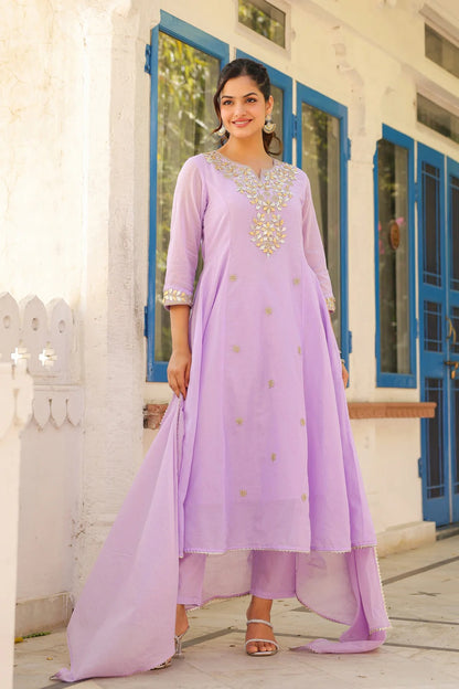 Lavender Mulmul Gota Patti & Zari Embroidered Anarkali Set