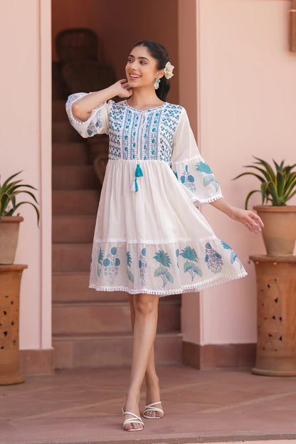 Teal Floral Cotton Block Printed Midi Tiered Dress
