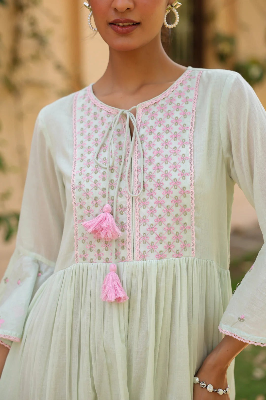 Pistagreen Cotton Mulmul Embroidered Midi Dress