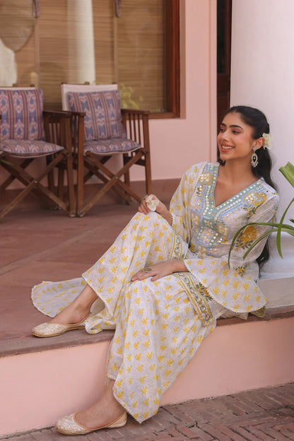 Yellow Cotton Cambric Block-Printed Embroidered Sharara Set
