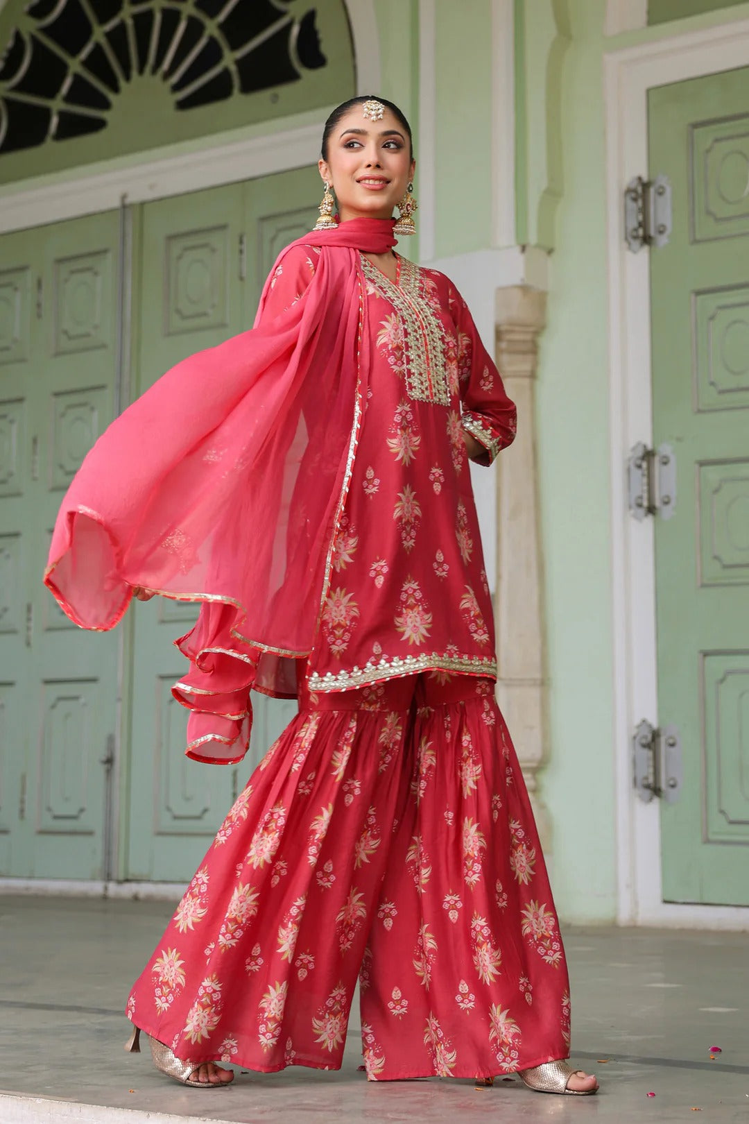 Coral Chanderi Silk Floral Printed Sharara Set