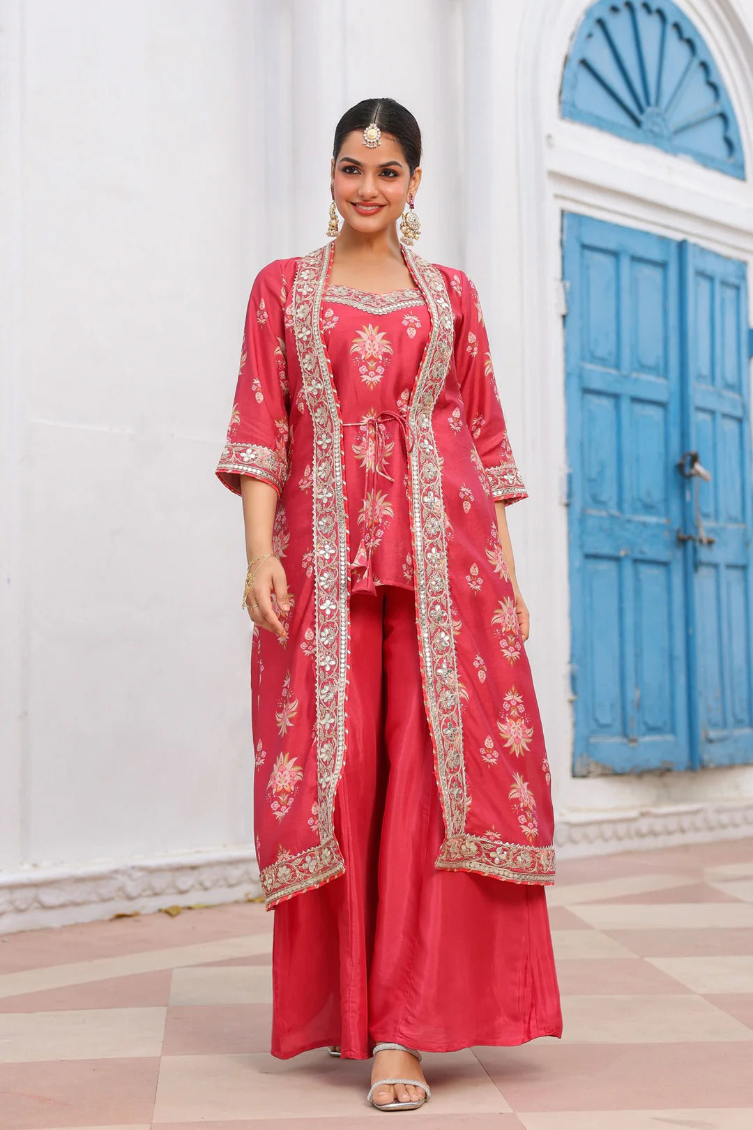 Coral Chanderi Silk Floral Printed Shrug Set