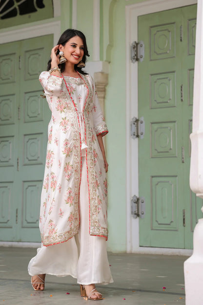 Ivory Chanderi Silk Floral Printed Shrug Set