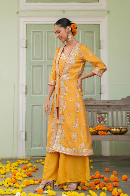 Mustard Chanderi Silk Floral Printed Shrug Set