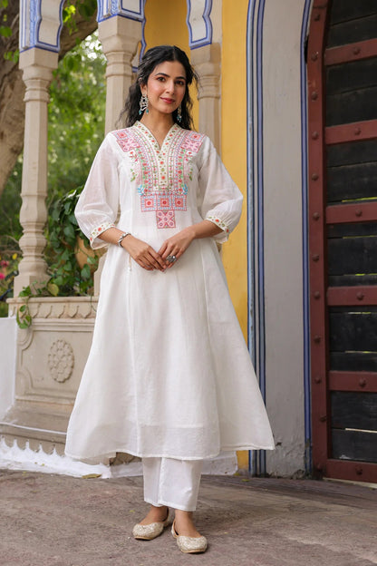 White Cotton Mulmul Yoke Embroidered Anarkali Suit Set