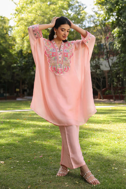 Peach' Organza Silk Embroidered Kaftan Set