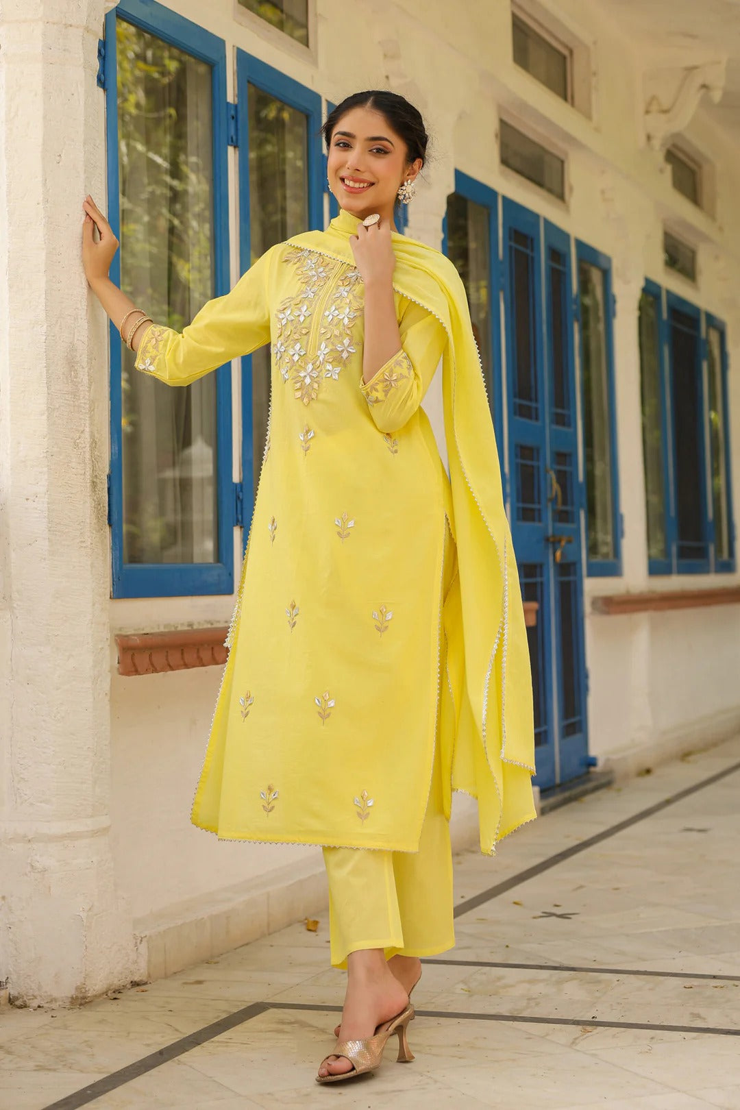 Yellow Cotton Cambric Gota Patti Embroidered Straight Suit Set