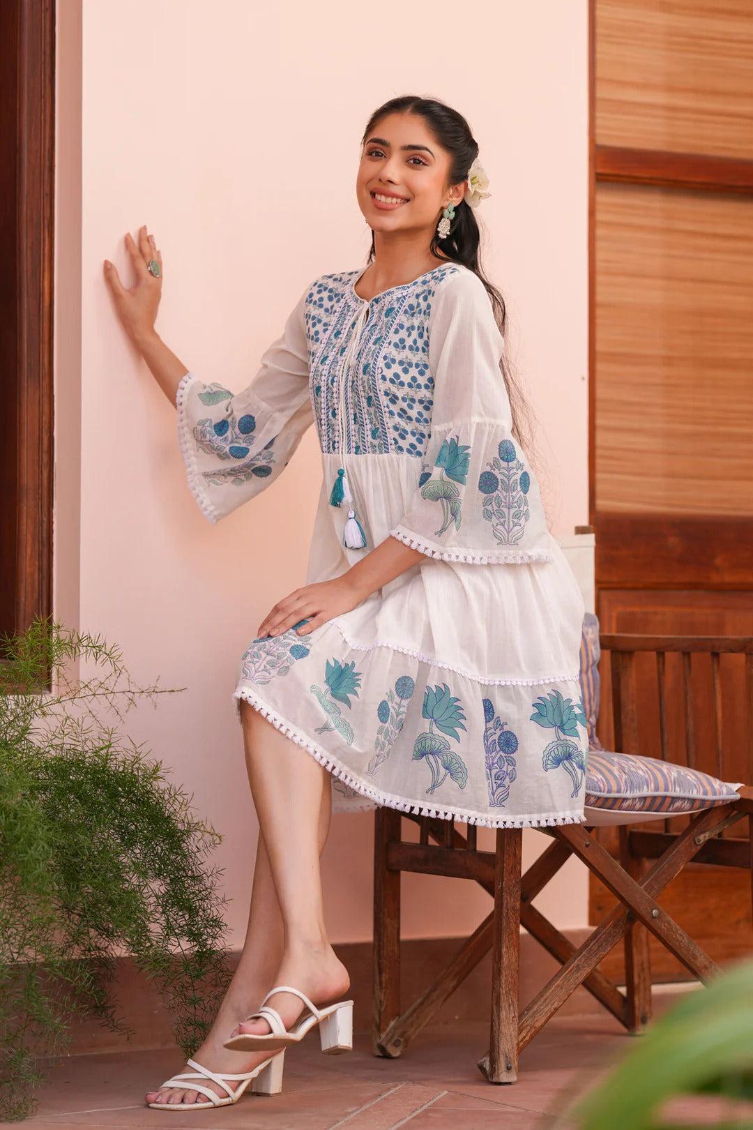 Teal Floral Cotton Block Printed Midi Tiered Dress