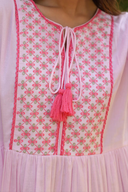 Pink Cotton Mulmul Embroidered Midi Dress