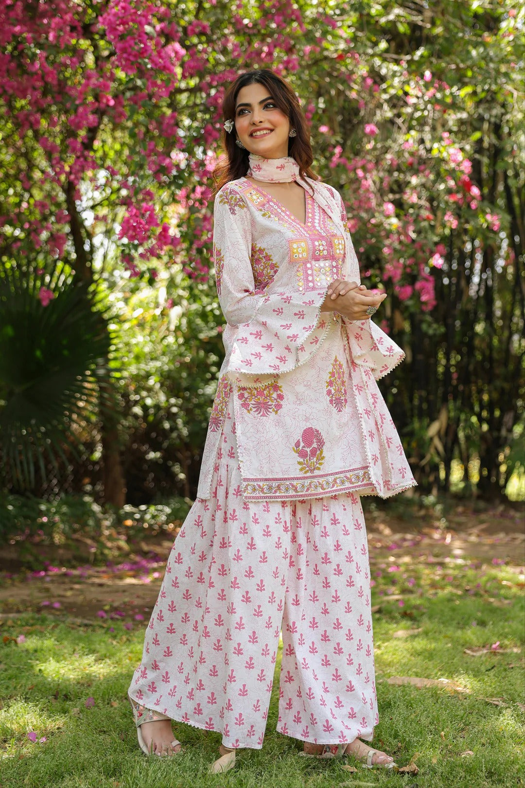 Pink Cotton Cambric Block-Printed Embroidered Sharara Set