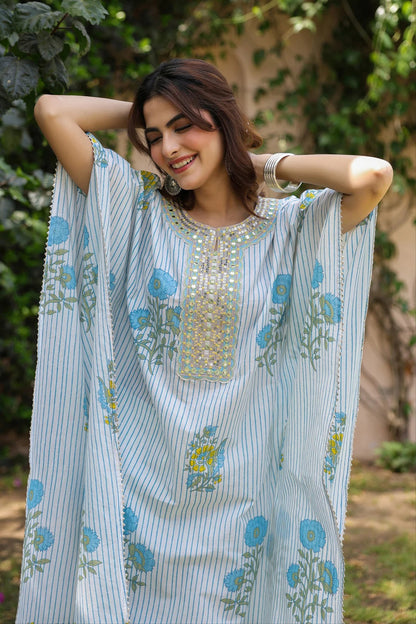 Blue Striped-Floral Cotton Block Printed Kaftan Set