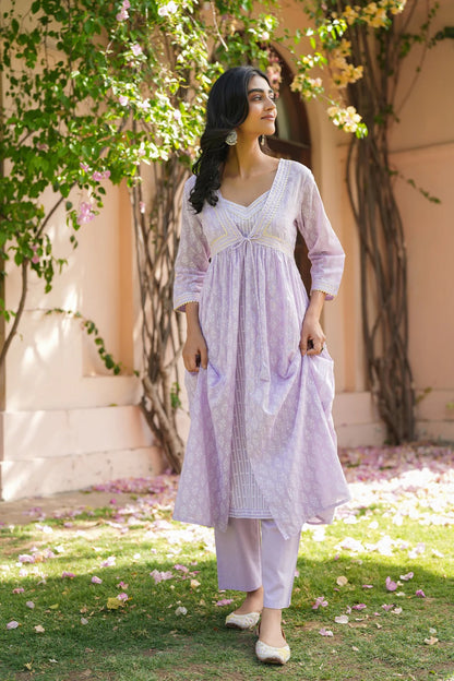 Lavender Cotton Mulmul Khari Printed Shrug, Kurta & Pant Set