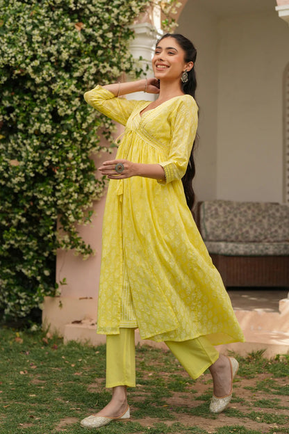 Yellow Cotton Mulmul Khari Printed Shrug, Kurta & Pant Set
